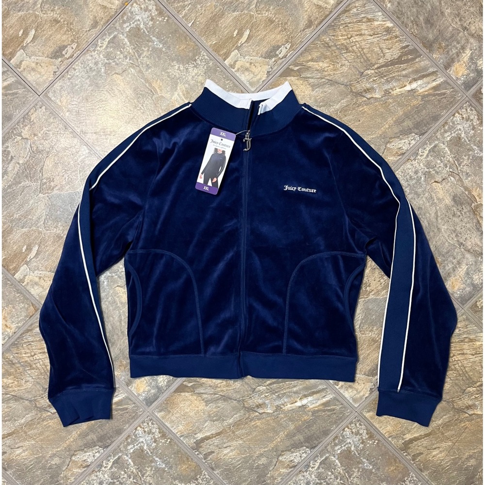 Juicy Couture Velour Track Jacket Women XXL Navy Blue NWT Glitter Heart Zip Up